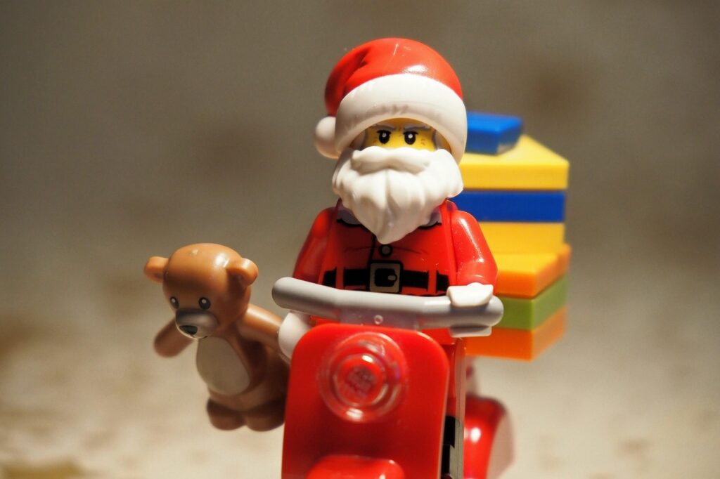 christmas, gifts, lego, minifigure, toy, santa claus, teddy bear, handing out christmas presents, scooter, vespa, mini figure, lego, lego, lego, lego, lego